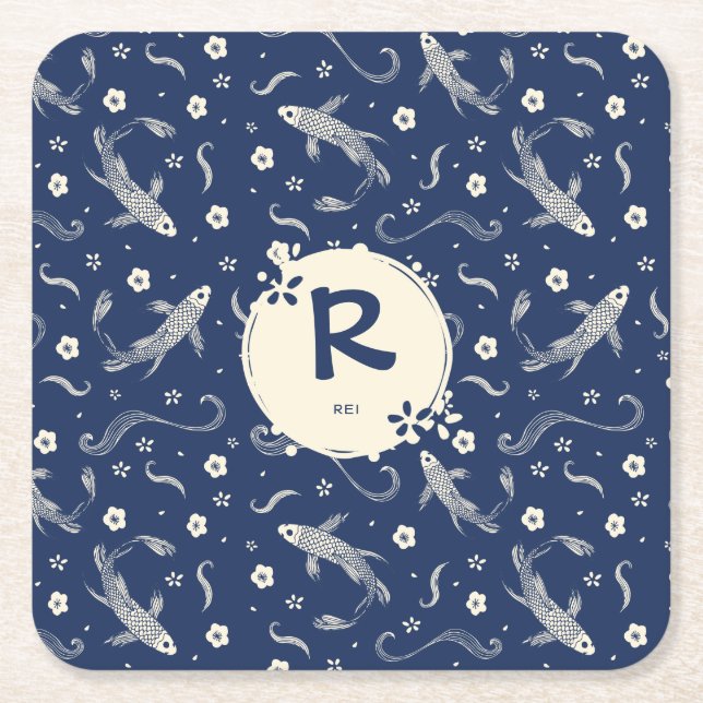 Porta-copo De Papel Quadrado Design de Koi do japonês dos azuis marinhos (Frente)