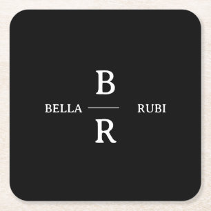 Porta-copo De Papel Quadrado Design de Monograma de Casamento Minimalista Preto