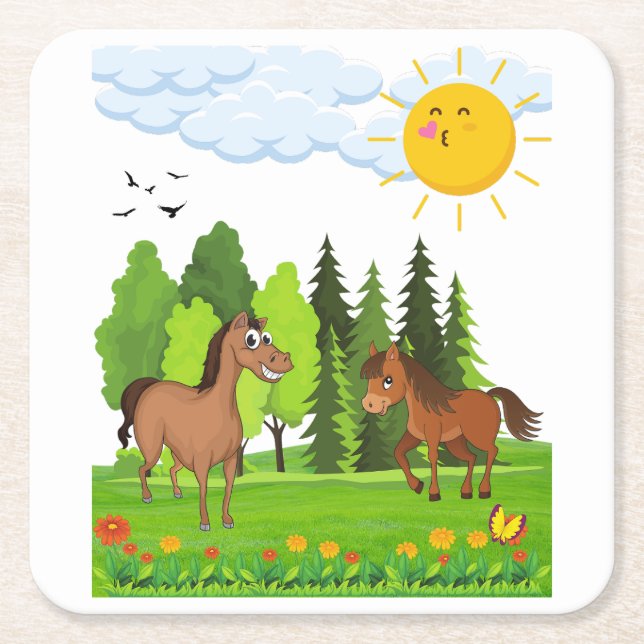 Porta-copo De Papel Quadrado Design de pequenos cavalos para crianças (Frente)
