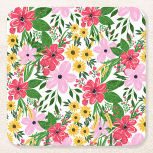 Porta-copo De Papel Quadrado Design de Pintura de Mão Floral Primavera, Vermel