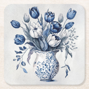 Porta-copo De Papel Quadrado Design de tulipa do estilo Delft azul e branco