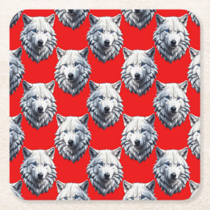 Porta-copo De Papel Quadrado Design do Padrão da Cabeça do Lobo Branco - Vermel