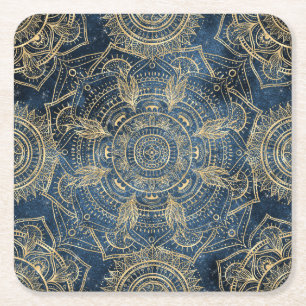 Porta-copo De Papel Quadrado Design elegante Dourado de Mandala Azul