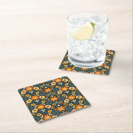 Porta-copo De Papel Quadrado Design Floral Moderno em Azul Turquesa e Laranja