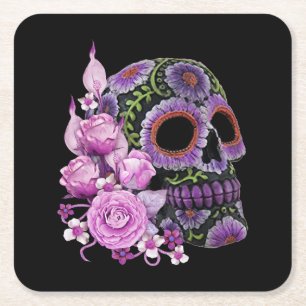 Porta-copo De Papel Quadrado Dia da Morte - Pano De Açúcar Preto, Floral, Rosa