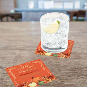 Porta-copo De Papel Quadrado Dia de Ação de Graças laranja abóbora laço desenho