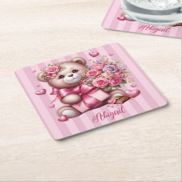 Porta-copo De Papel Quadrado Dia de os namorados Love Rosa Bear