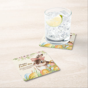 Porta-copo De Papel Quadrado Dia de Páscoa Feliz em Aquarela Coelho Floral com
