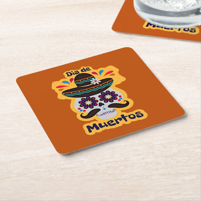 Porta-copo De Papel Quadrado Dia dos Dead Skull Hat Flowers Family Kids (Inclinado)