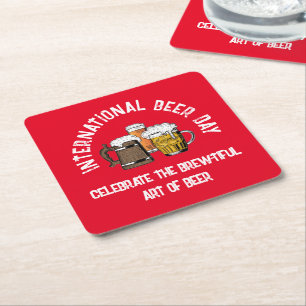 Porta-copo De Papel Quadrado Dia Internacional da Cerveja Vermelho Personalizáv