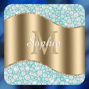 Porta-copo De Papel Quadrado Diamantes Glam em Azul Turquesa, Monograma Dourado