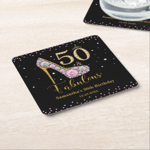 Porta-copo De Papel Quadrado Diamond Pink Dourado 50 e Fabuloso 50º aniversário