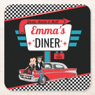 Porta-copo De Papel Quadrado Diner preto/Festa de aniversário vermelha da décad