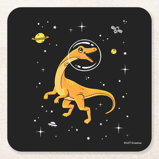 Porta-copo De Papel Quadrado Dinos De Velociraptor Amarelo E Laranja No Espaço (Frente)
