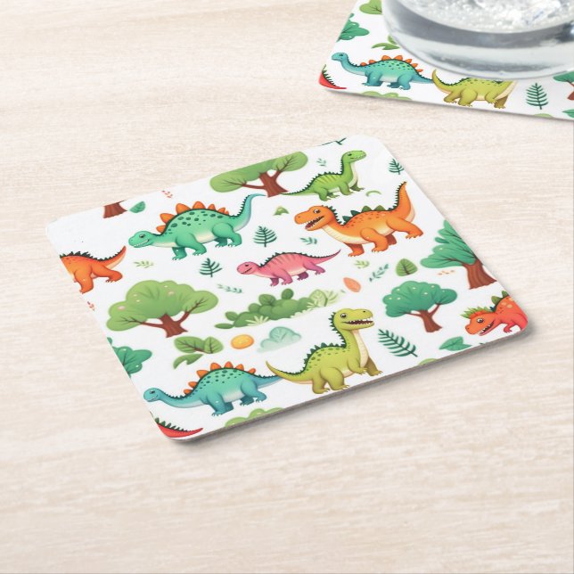 Porta-copo De Papel Quadrado Dinossauros e árvores padrão branco (Inclinado)