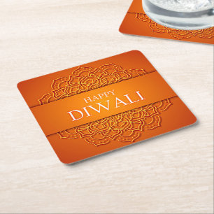 Porta-copo De Papel Quadrado Diwali Elegant Modern Orange Yellow Mandala