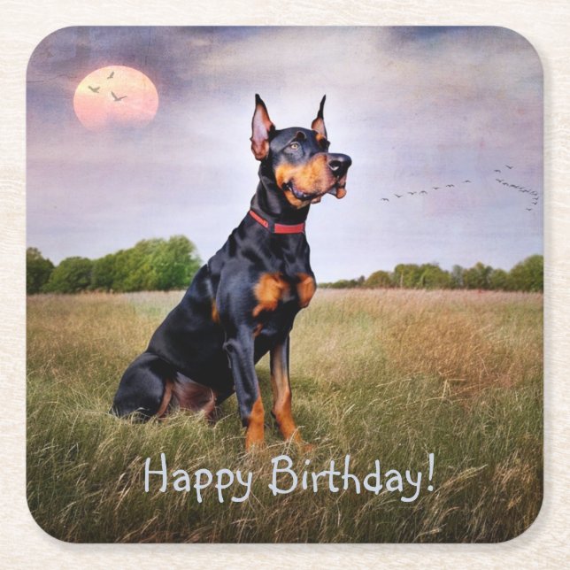 Porta-copo De Papel Quadrado Doberman Happy Birthday (Frente)