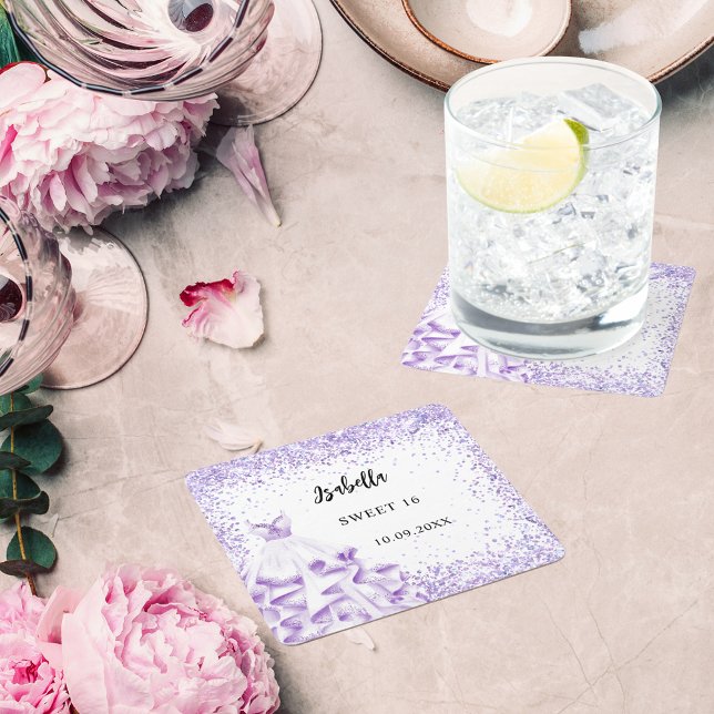 Porta-copo De Papel Quadrado Doce 16 vestido branco violeta (Criador carregado)