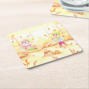 Porta-copo De Papel Quadrado Doce caminhada do outono na floresta