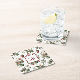 Porta-copo De Papel Quadrado Doce Morango & Padrão Floral Monograma Personaliza