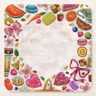 Porta-copo De Papel Quadrado Doces Confeções de Pastelaria Fofa