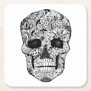 Porta-copo De Papel Quadrado Doodle floral do crânio