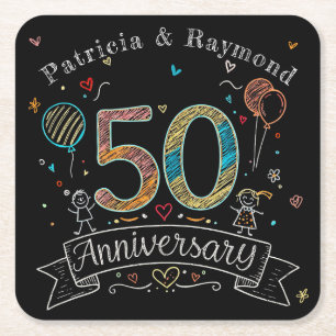Porta-copo De Papel Quadrado Doodle na Lousa de Giz Personalizado 50º Aniversár
