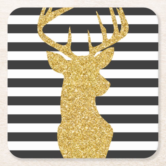 Porta-copo De Papel Quadrado Dourada Glitter Deer Black & White Strips (Frente)