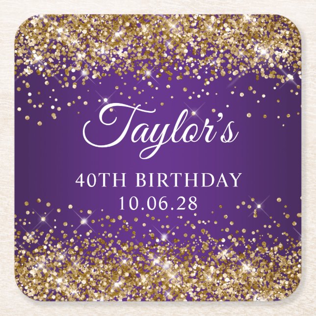 Porta-copo De Papel Quadrado Dourada Glitter Royal Purple aniversário de 40 ano (Frente)