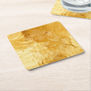 Porta-copo De Papel Quadrado Dourada textura Vintage Monograma Crest Logotipo d