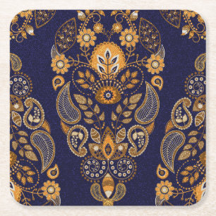 Porta-copo De Papel Quadrado Dourado e azul, padrão floral sem costura.