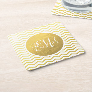 Porta-copo De Papel Quadrado Dourado e branco Chevron monograma personalizado