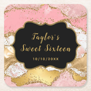 Porta-copo De Papel Quadrado Dourado e Lantejoulas Rosa Agata Sweet Sixteen