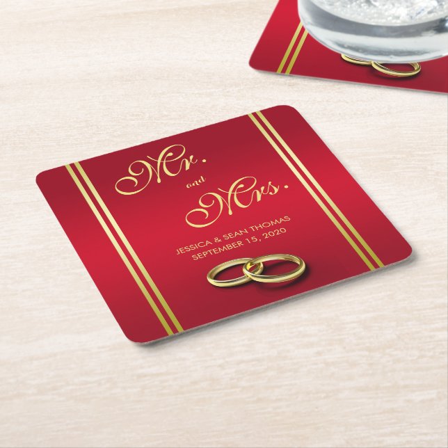 Porta-copo De Papel Quadrado Dourado e vermelho legante, Casamento de Anéis de  (Inclinado)