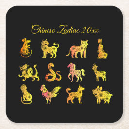 Porta-copo De Papel Quadrado Dourado Gradiente Chinês Zodiac Preto
