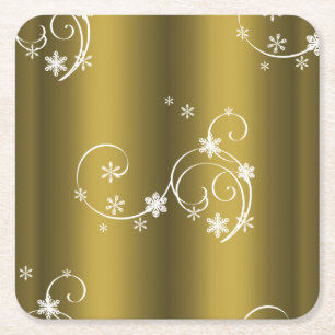 Porta-copo De Papel Quadrado Dourado metálico, White Swirls Natal
