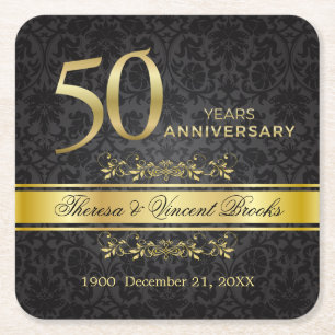 Porta-copo De Papel Quadrado Dourado Negra Damasco 50 Aniversário de Casamento