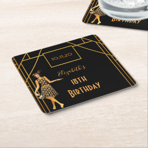 Porta-copo De Papel Quadrado Dourado negro do 18º aniversário Gatsby 1920