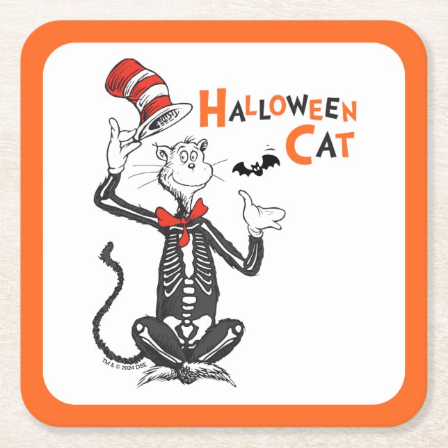 Porta-copo De Papel Quadrado Dr. Seuss | Gato de Halloween no Chapéu (Frente)