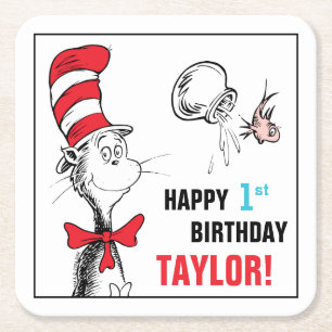 Porta-copo De Papel Quadrado Dr. Seuss Gato no Chapéu de Aniversário