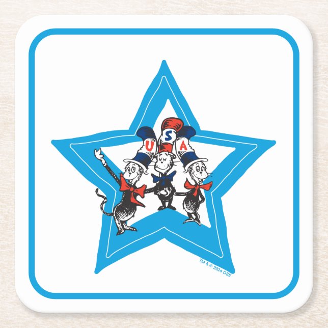 Porta-copo De Papel Quadrado Dr. Seuss | Gráfico Little Cats USA Hats (Frente)