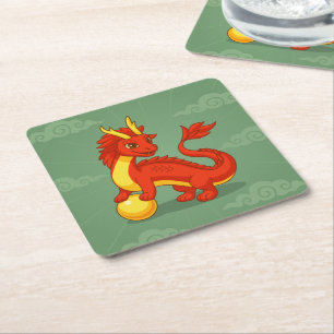 Porta-copo De Papel Quadrado Dragão Chinês Vermelho sobre Verde