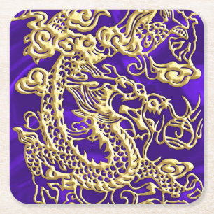 Porta-copo De Papel Quadrado Dragão Dourado com relevo no Impressão de Satin Ro