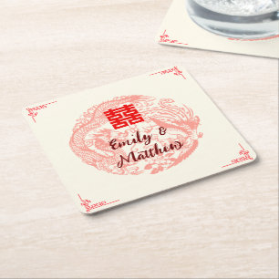 Porta-copo De Papel Quadrado Dragão e Fênix casamentos chinês bege vermelho