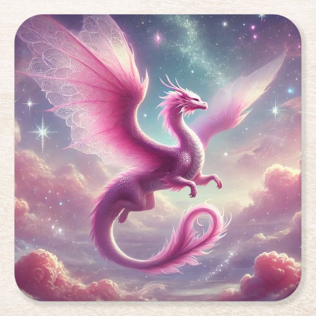 Porta-copo De Papel Quadrado Dragão Rosa (Frente)