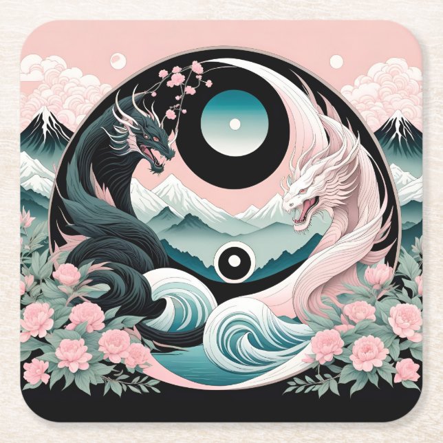 Porta-copo De Papel Quadrado Dragon Floral Mountain Pink Sage Teal (Frente)