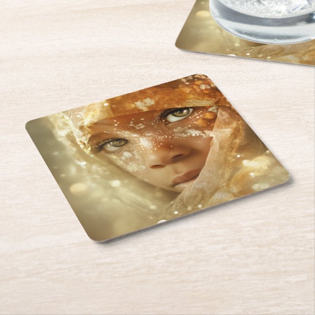 Porta-copo De Papel Quadrado Dreamlike Children Portrait | Golden Veil Gaze (Inclinado)
