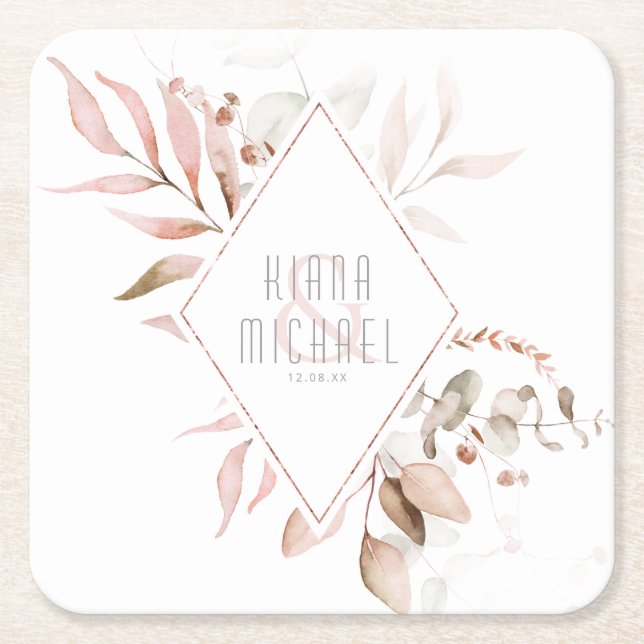 Porta-copo De Papel Quadrado Dreamy Foliage Wedding Blush Pink ID817 (Frente)