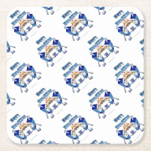 Porta-copo De Papel Quadrado Dreidels Dançantes e Rosquinhas de Hanuka