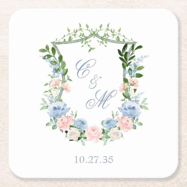 Porta-copo De Papel Quadrado Dusty Blue Floral Crest Casamento (Frente)